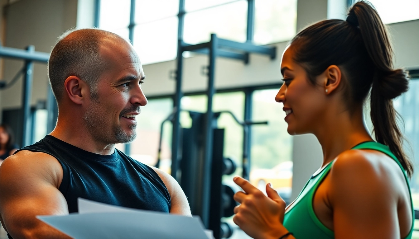 Engage in gym Training Consultation with an experienced trainer discussing fitness goals in a modern gym.