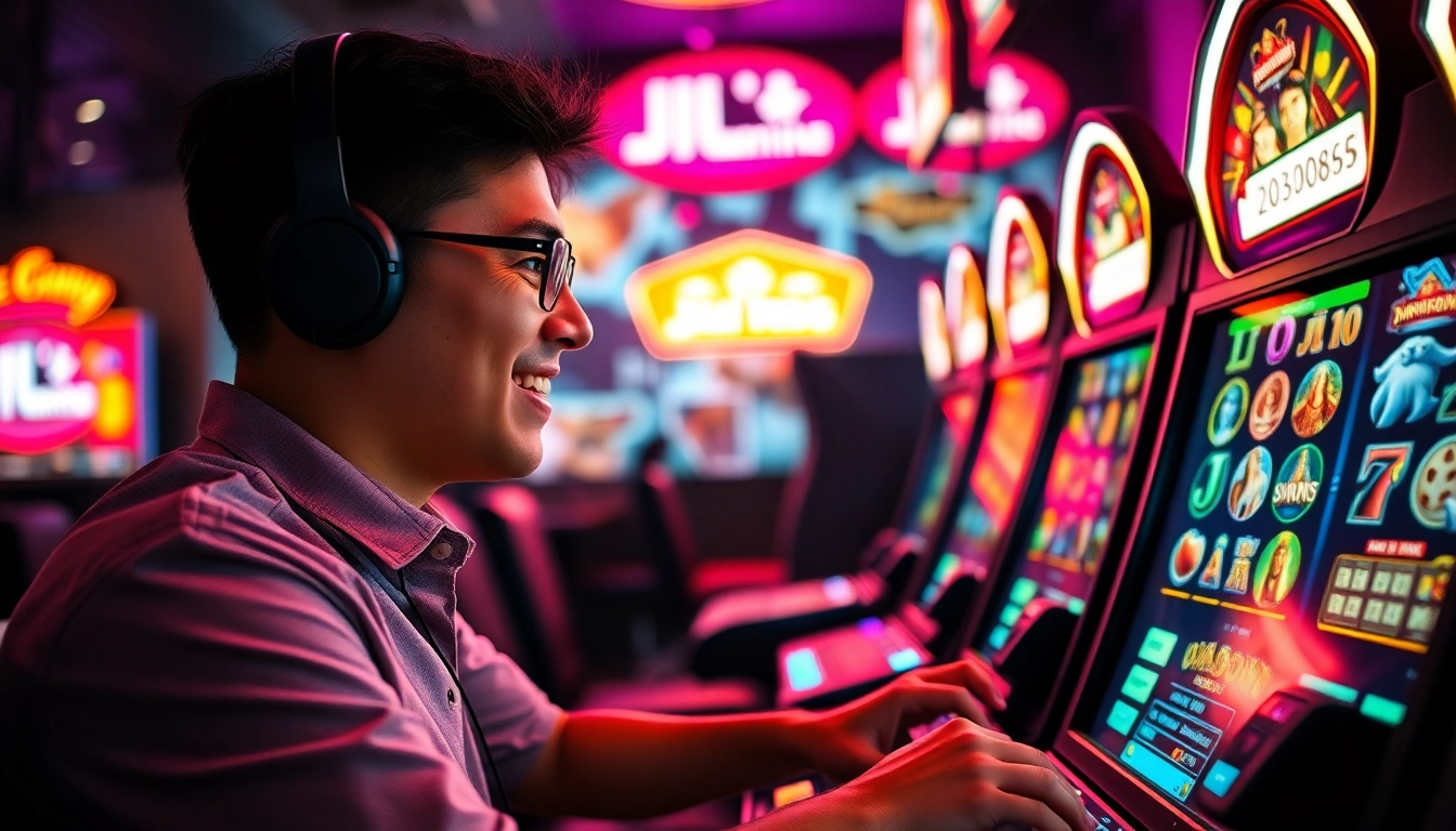 Engaging gamer interacting with vibrant JILI Games slot machines in a neon-lit gaming lounge.