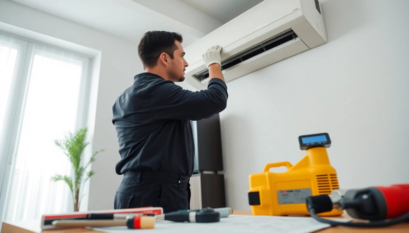 HVAC services Los Angeles with technician maintaining air conditioning unit in a bright, professional setting.