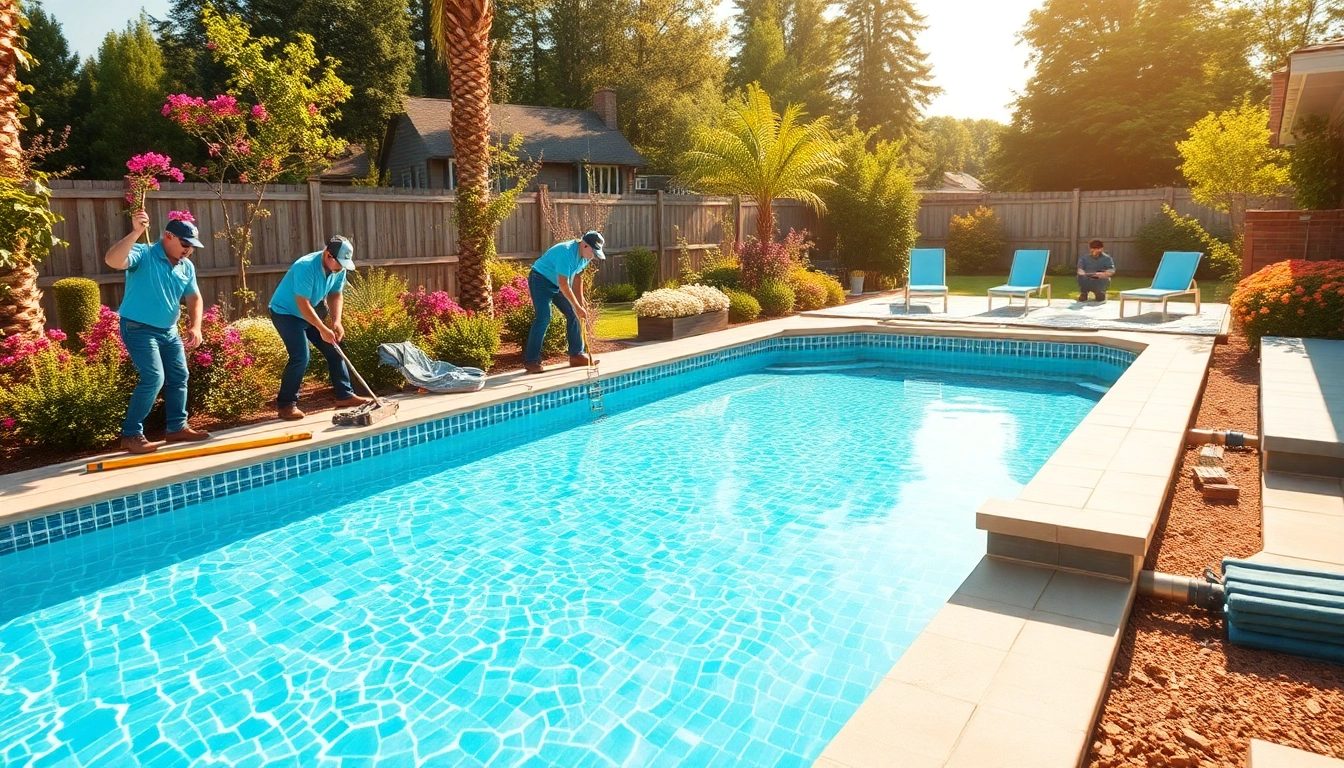 Showcasing a professional swimming pool installation process in a picturesque backyard environment.