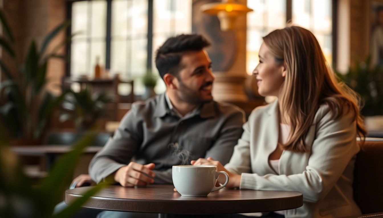 Couple engaging in meaningful conversation about communication in relationships in a cozy café setting.