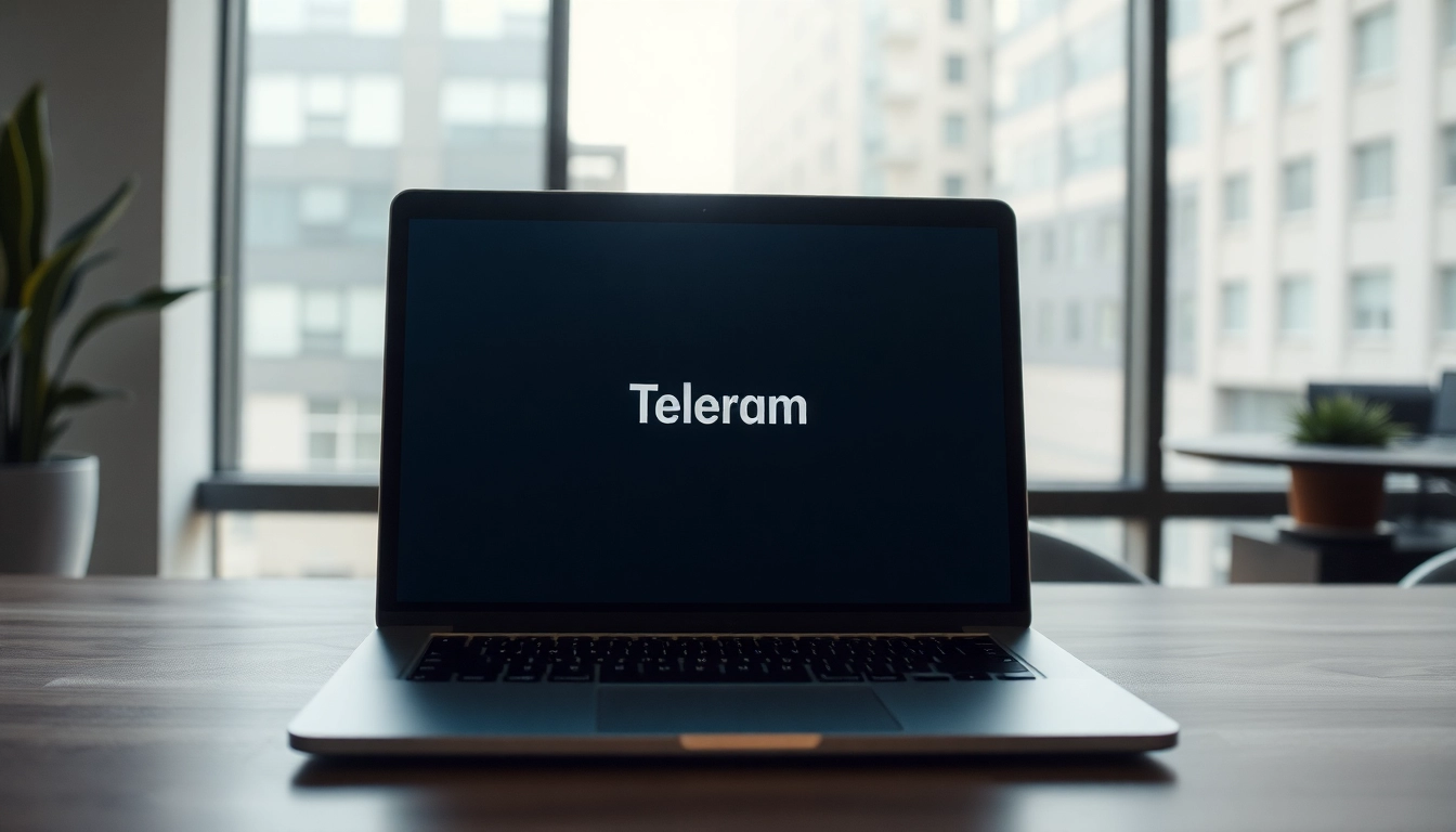 Showcase the Telegram電腦版 application running smoothly on a laptop in a modern workspace.