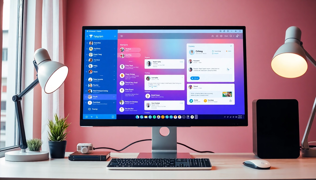 Engage with Telegram電腦版 showcased on a computer screen with vibrant chat windows and a stylish workspace.