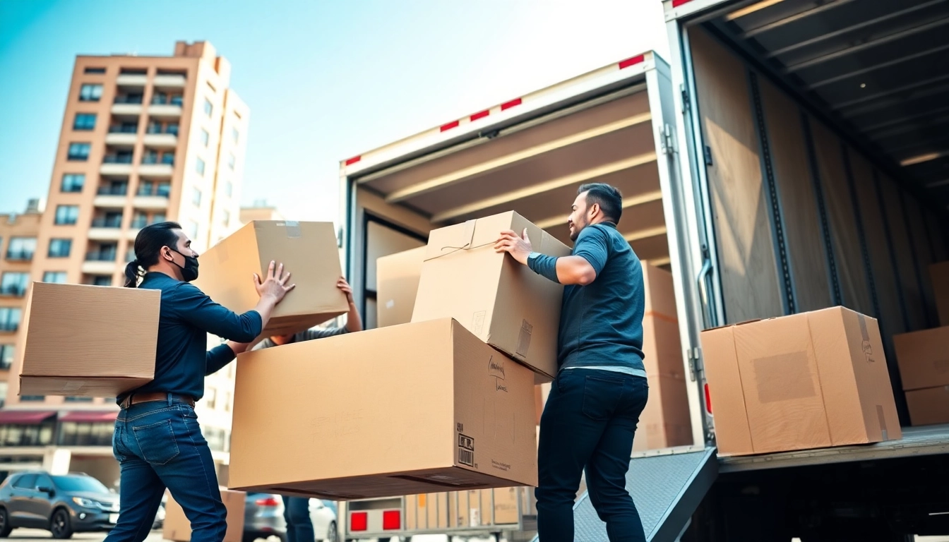 Efficient Queens movers loading a truck with care in an urban setting.