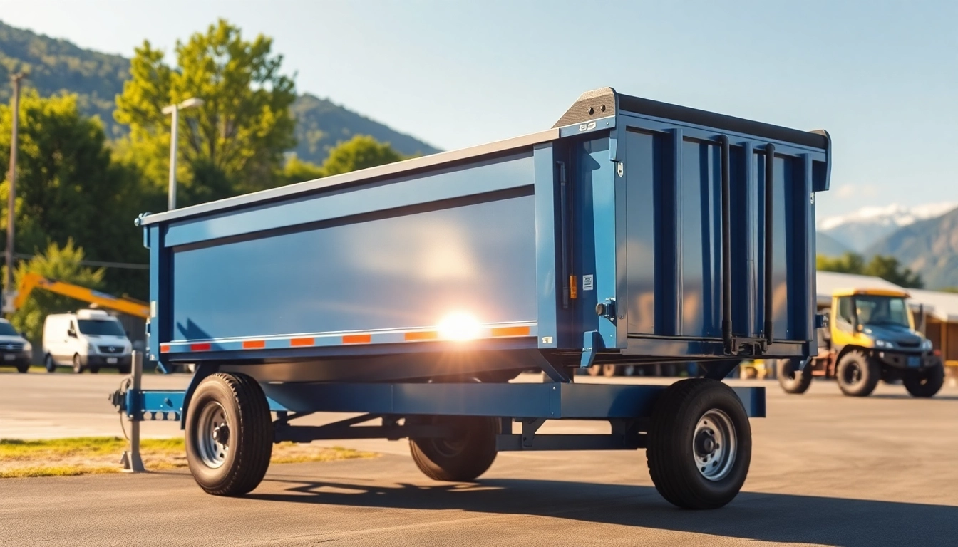 Browse a dump trailer for sale near me, featuring a sturdy blue design against a sunny landscape.
