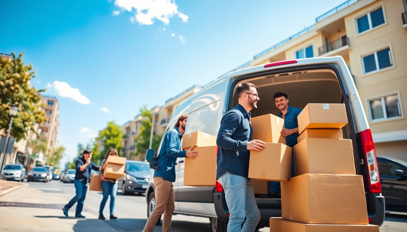 Man and van Moving service loading boxes in an urban setting with professional movers.