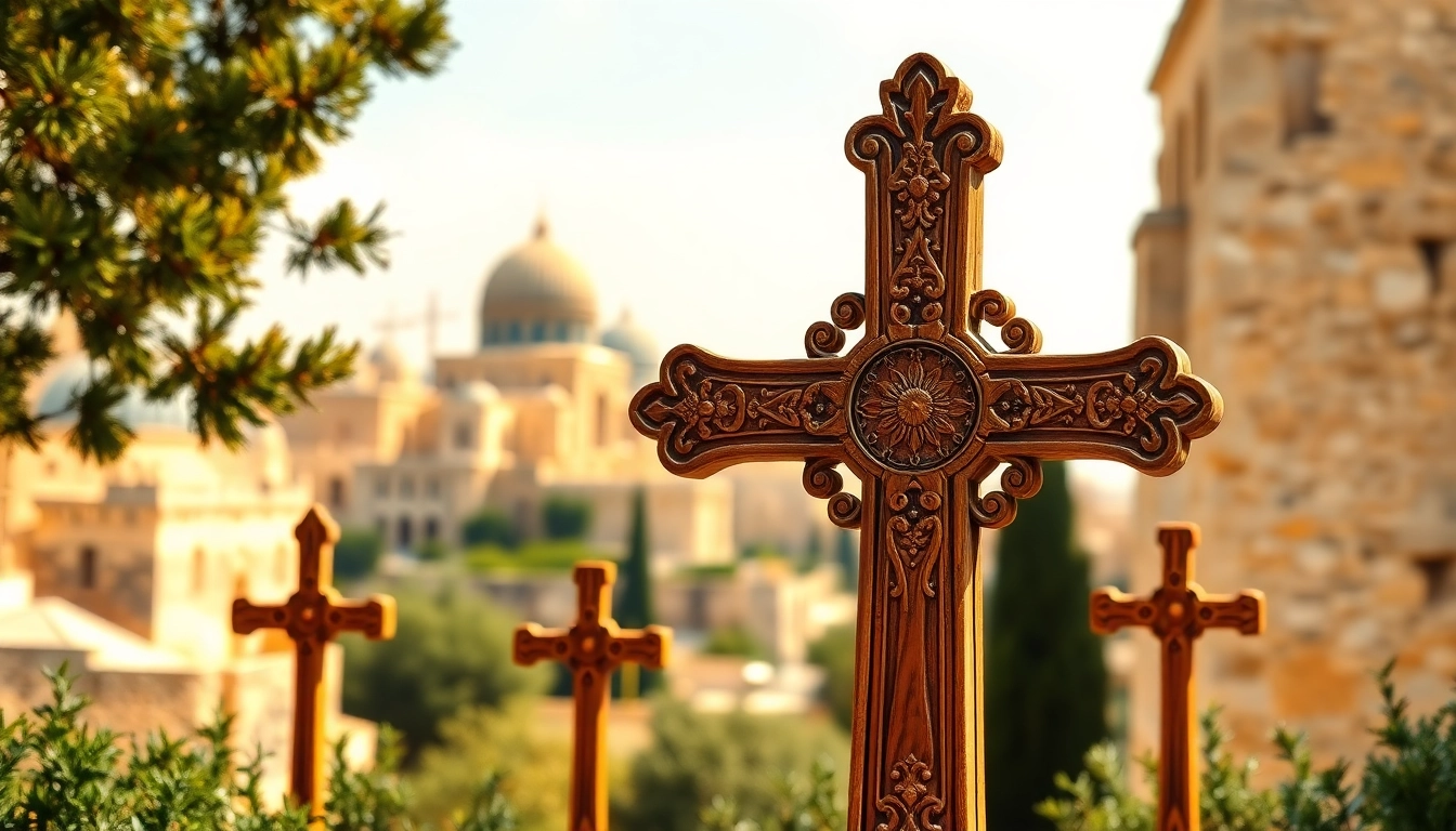 Admire the Jerusalem crosses showcasing its detailed design amidst a tranquil Holy Land backdrop.