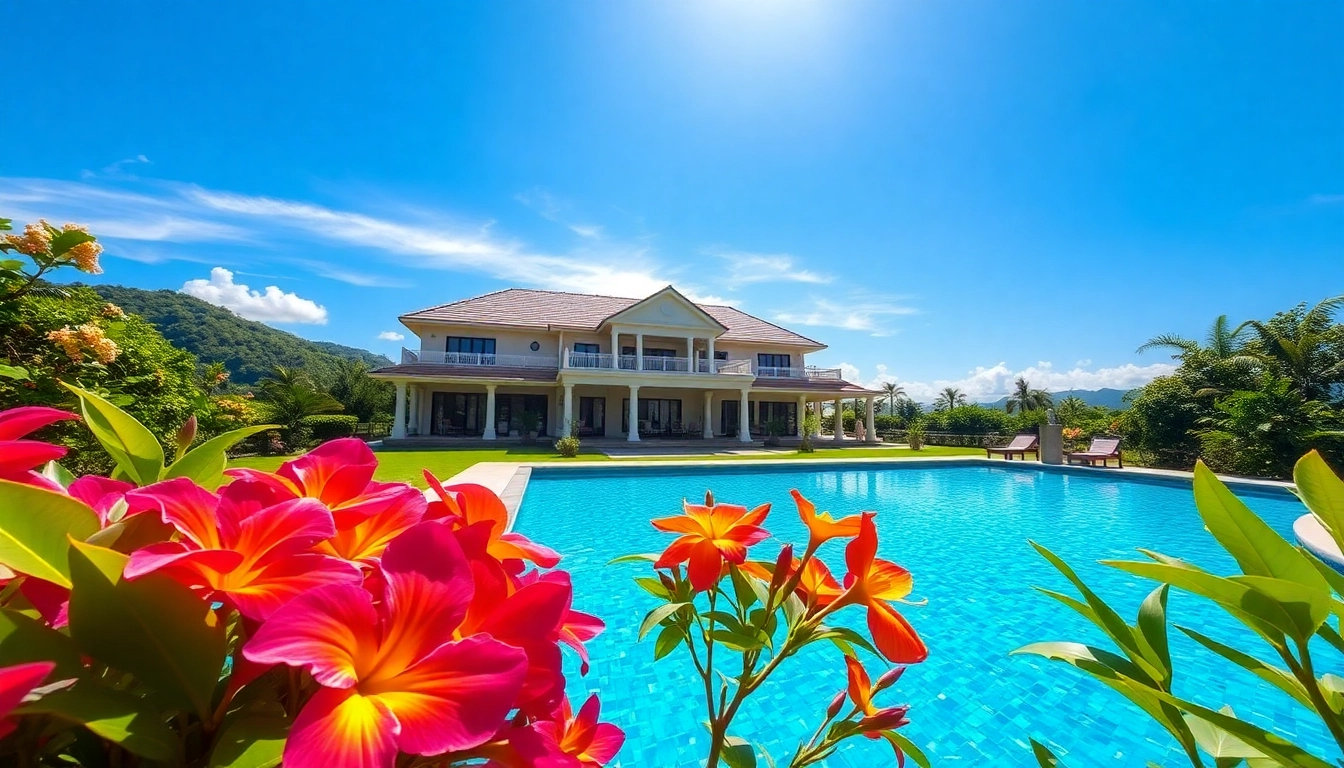 Phuket real estate agent showcasing a luxurious villa with a stunning pool and tropical landscaping.