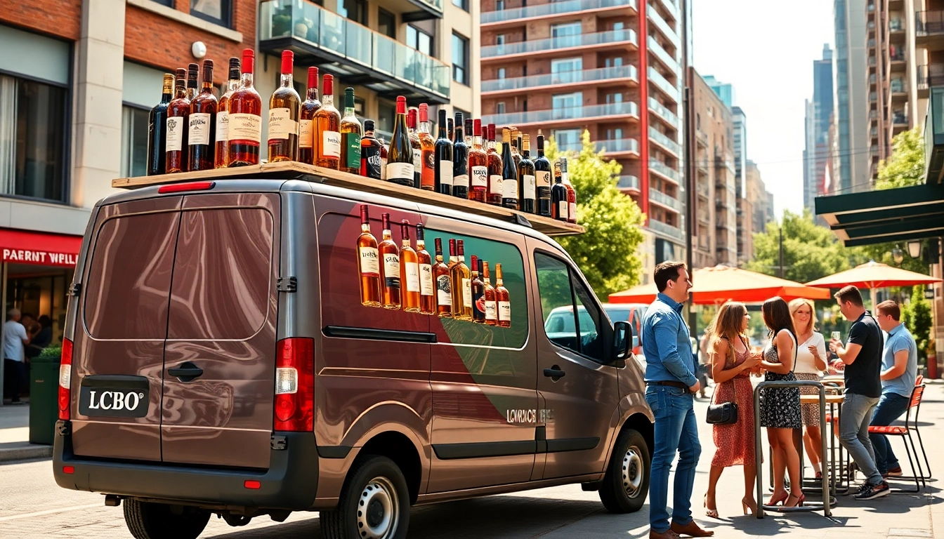 Experience lcbo delivery Toronto with vibrant wine and spirits delivered by a branded van amidst a lively urban setting.