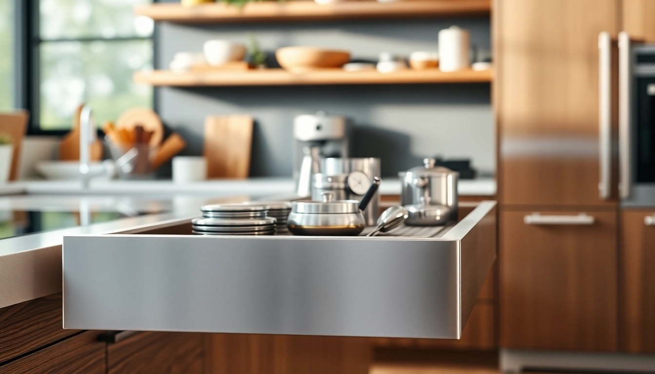 Showcase of a double wall drawer system showcasing its design and organization features in a modern kitchen.