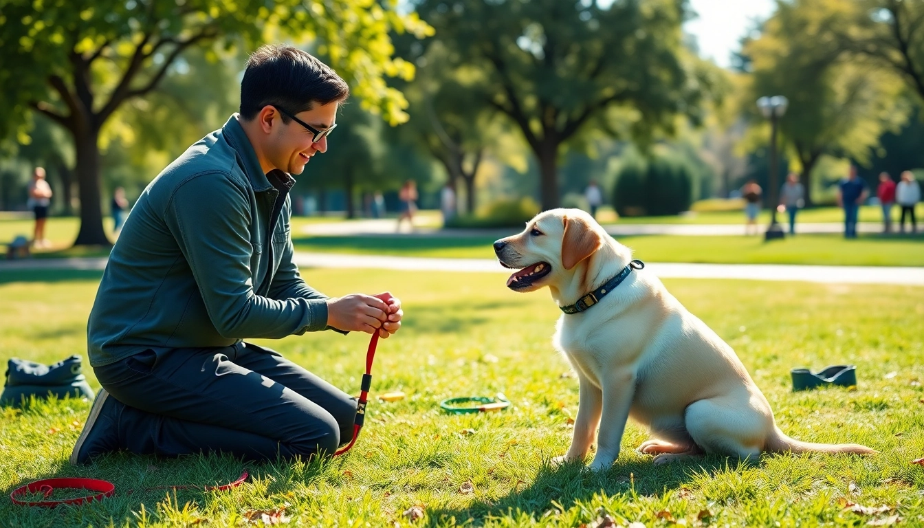 Engaging dog training session in Irvine with a trainer guiding a Labrador puppy, showcasing positive methods.