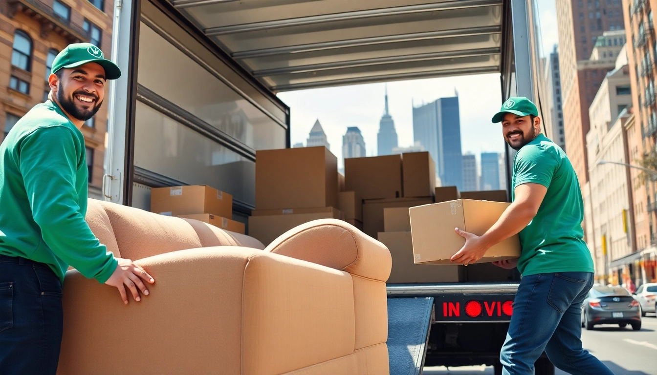 Experienced Queens movers efficiently packing furniture into a truck on a sunny NYC street.