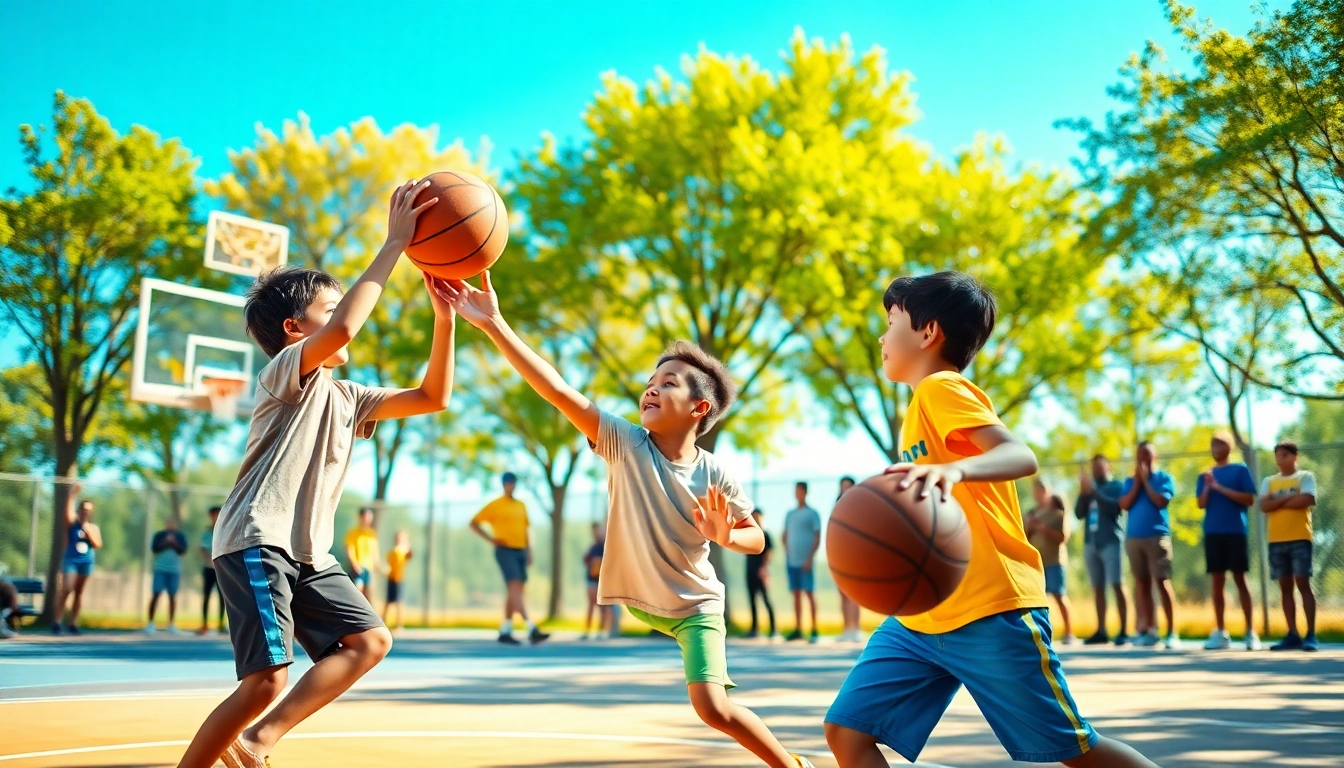 Young basketball enthusiasts practicing skills on an outdoor court with bright energy.