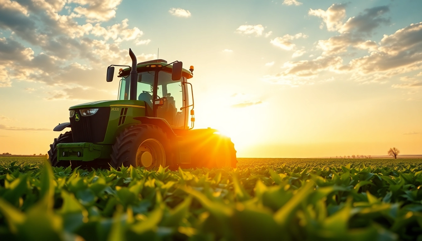 John Deere Traktor bearbeitet ein weites Feld bei Sonnenuntergang mit leuchtend grünen Pflanzen.