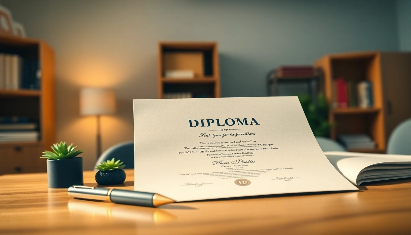 Showcase the best fake diplomas beautifully arranged on a desk, highlighting professionalism and quality.