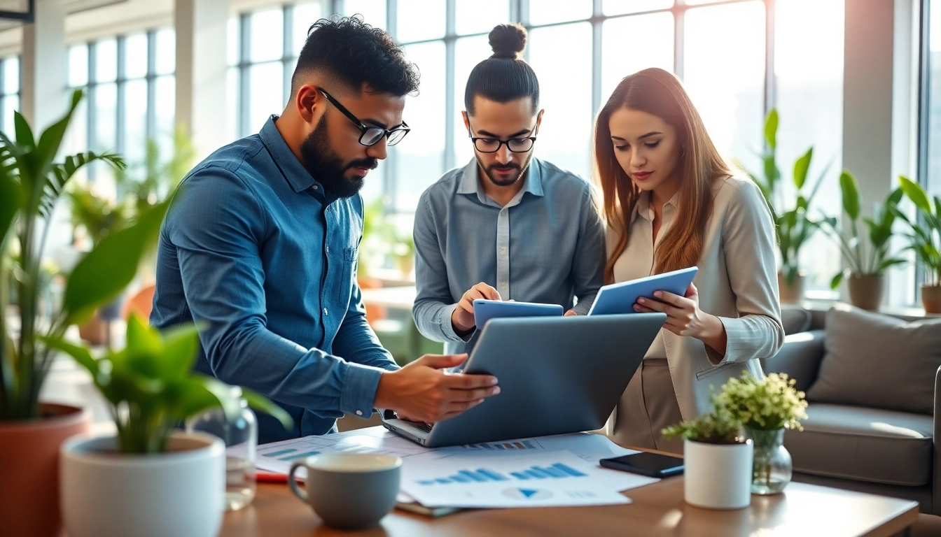 Analyze business trends with diverse professionals collaborating in a modern office setting.