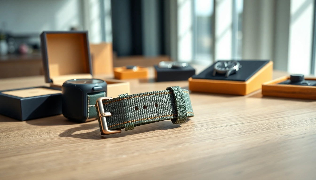 Showcase of a nato watch strap UK styled on a wooden table with luxury watches in the background.