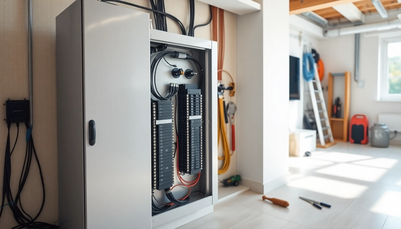Install an electrical panel efficiently in a modern home environment featuring safety tools.