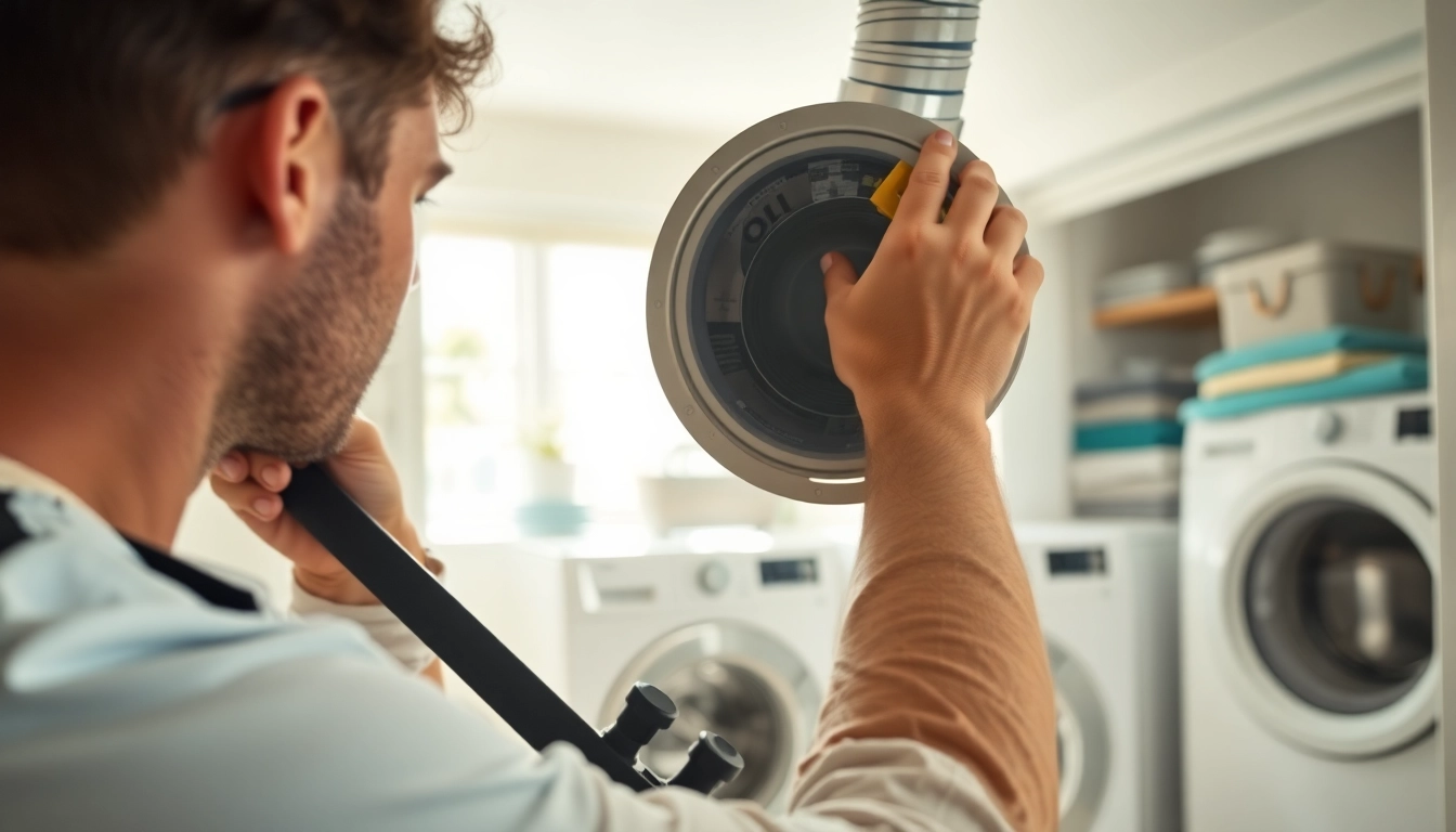 Technician performing dryer vent cleaning, highlighting dryer vent franchises near me.