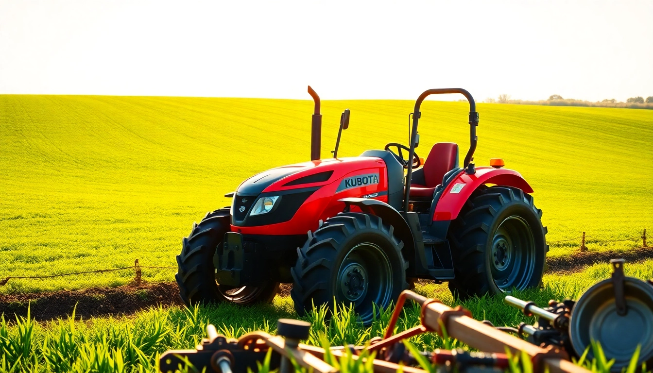 Kuboata Traktor im Einsatz auf einem grünen Feld mit Werkzeugen im Vordergrund.