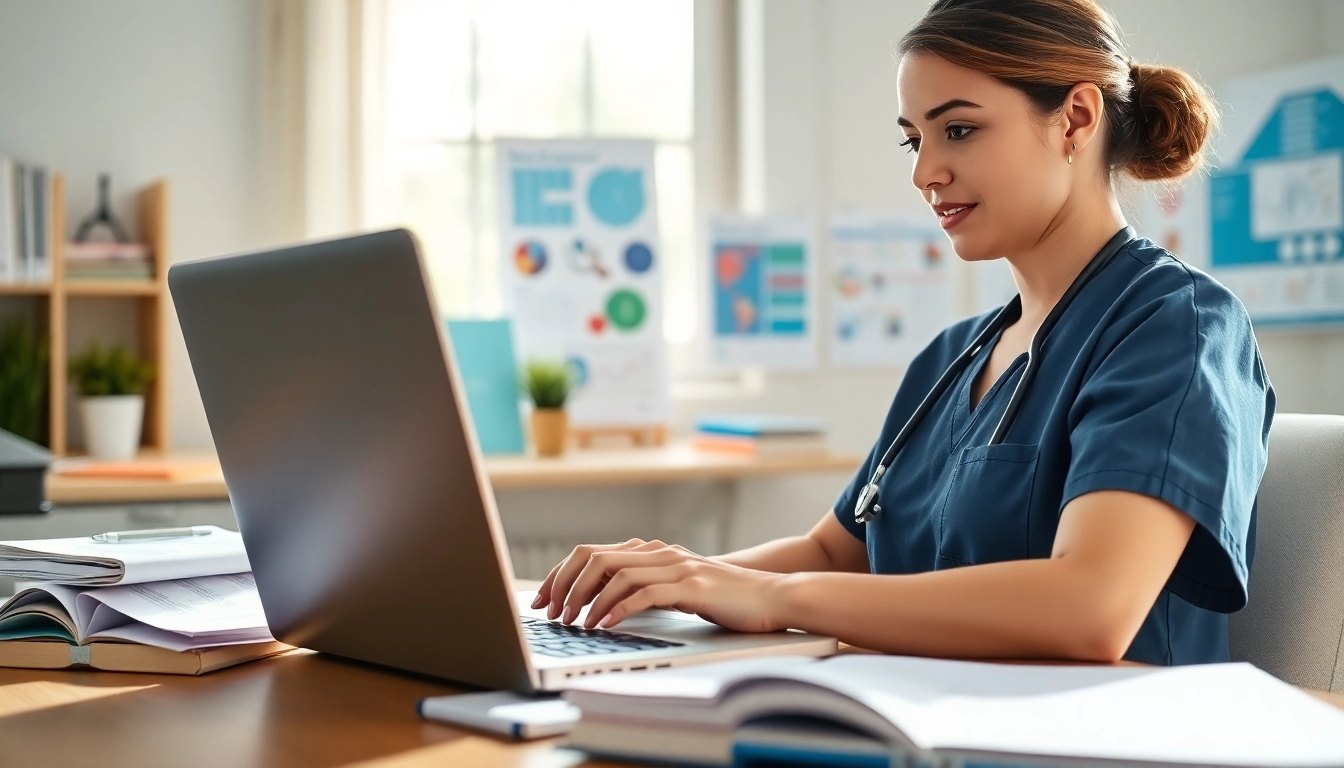 Nursing Continuing Education: Nurse studying online in a welcoming home office environment.