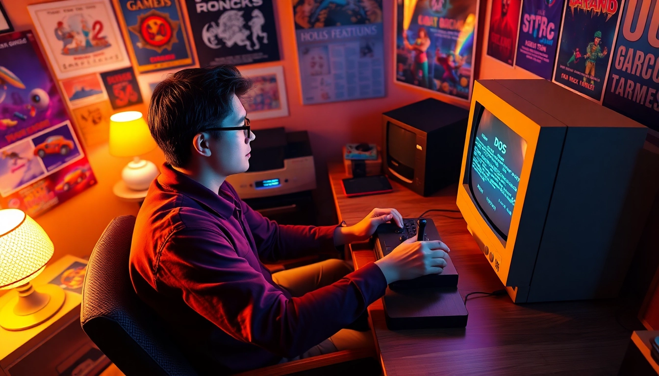 Play classic dos games online with a retro joystick and vintage computer in a nostalgic setting.
