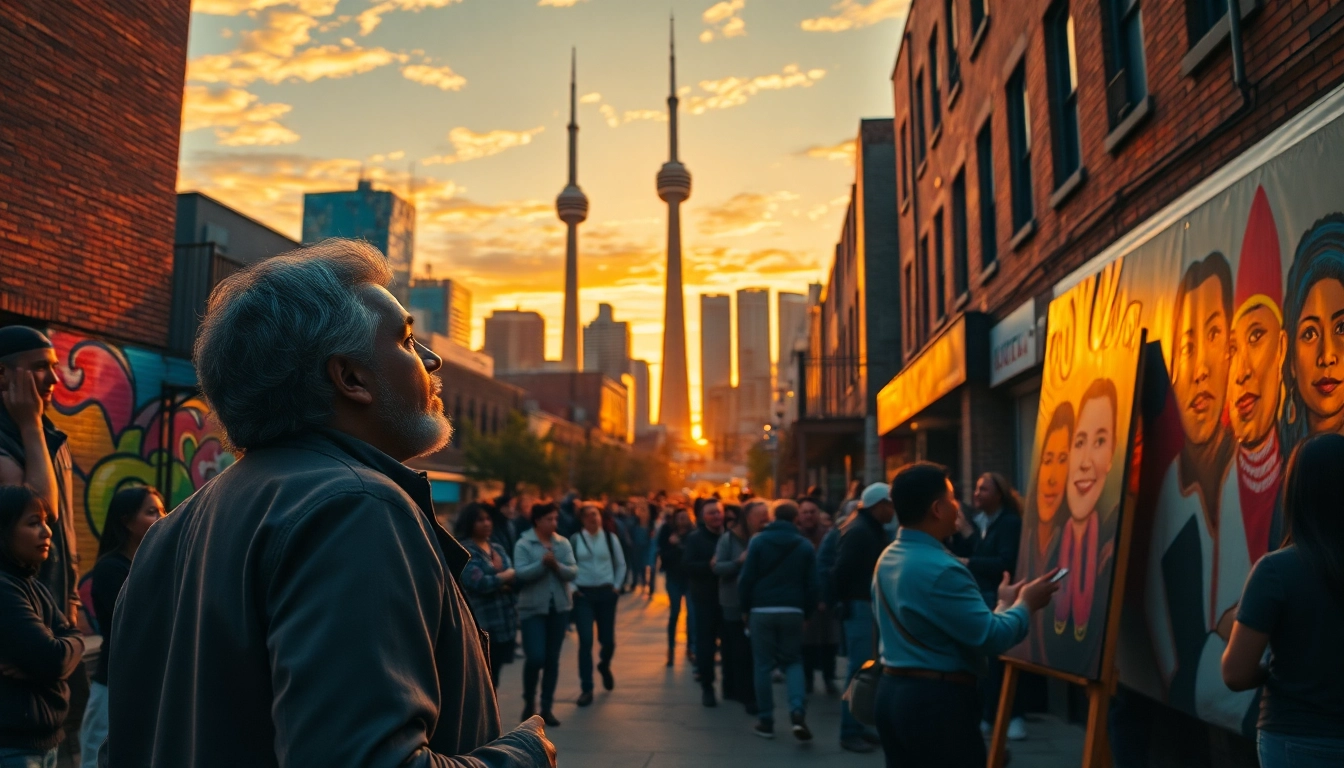 Engaging documentary scene depicting Stories Documentaries Toronto with street artists and audiences.