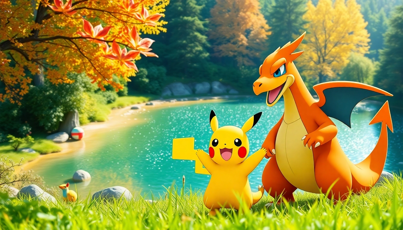 Pokémon characters like Pikachu and Charizard playfully interact in a colorful forest setting.