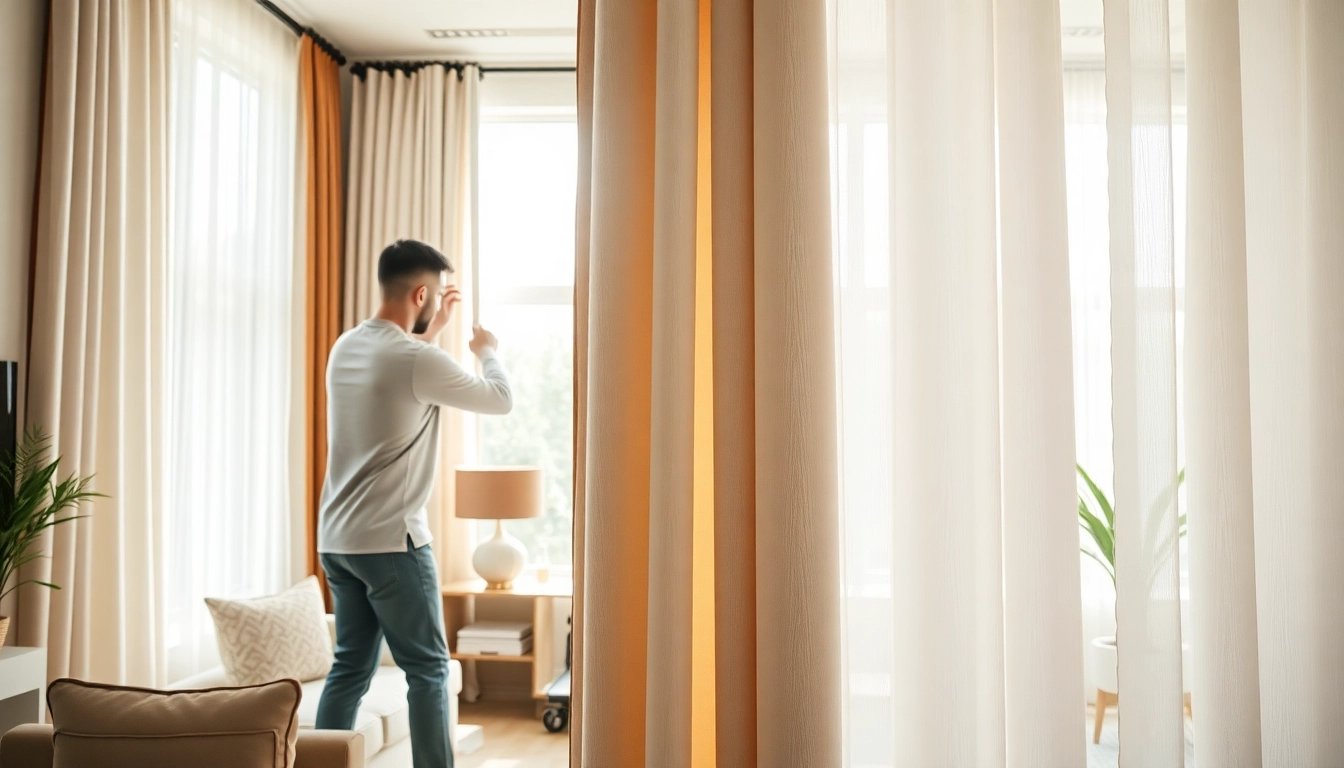 Professional curtain fitters installing elegant drapes in a stylish living room