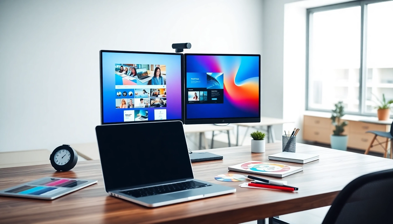 Crafting innovative website design in a professional workspace with dual monitors and design tools.
