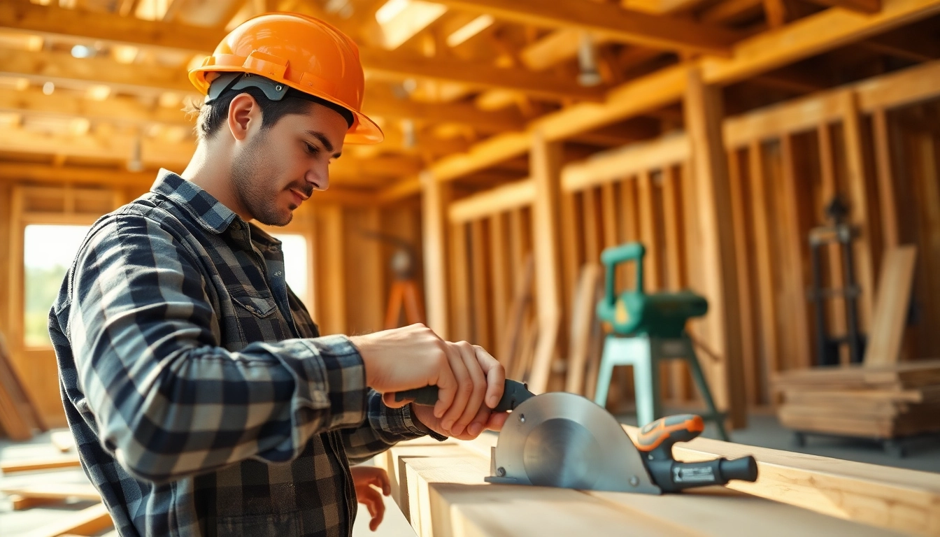 Carpentry apprenticeship near me: Skilled carpenter working with tools at a construction site.