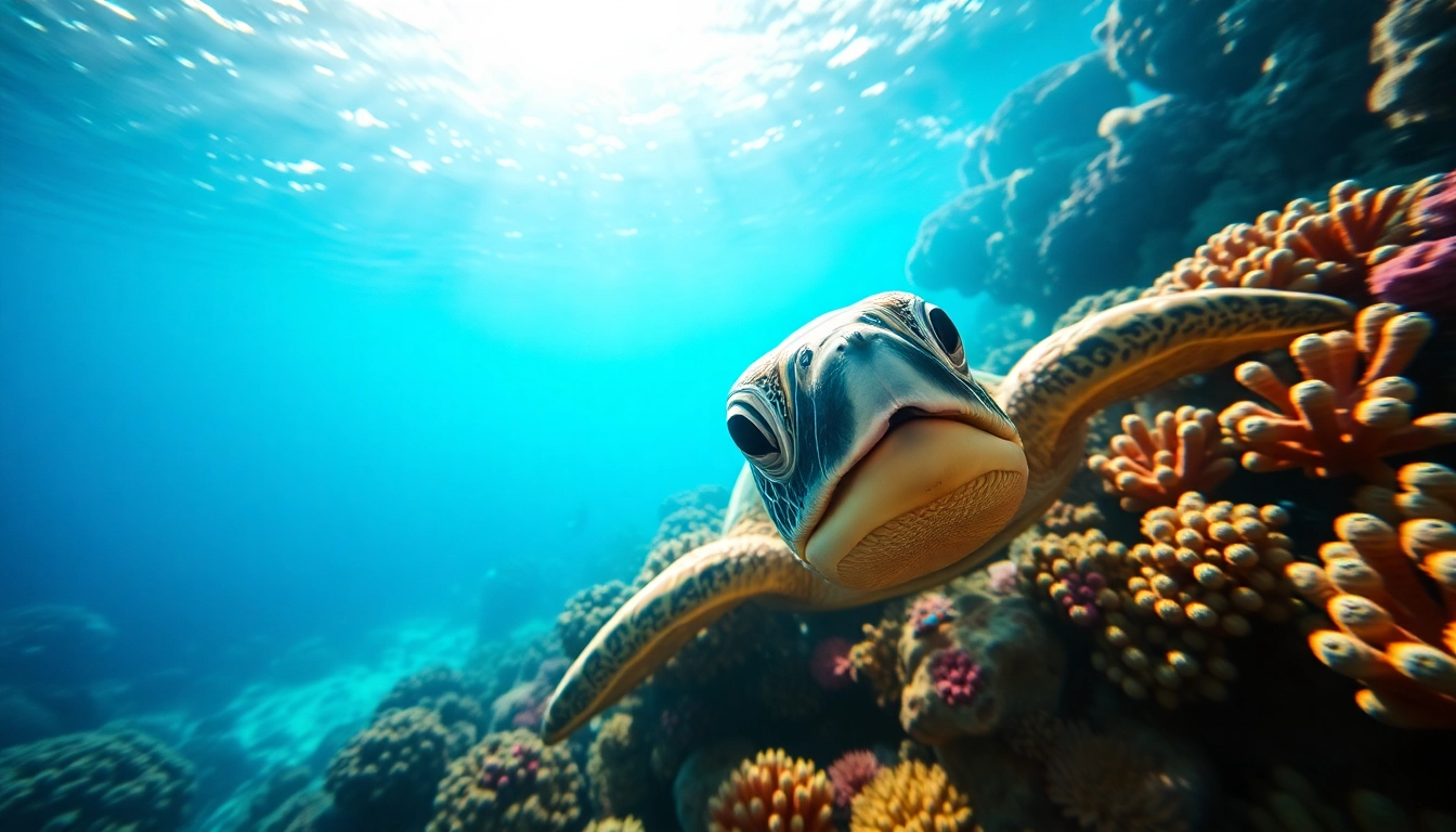 A sea turtle using a turtle snorkel near vibrant coral reefs, showcasing underwater beauty and exploration.
