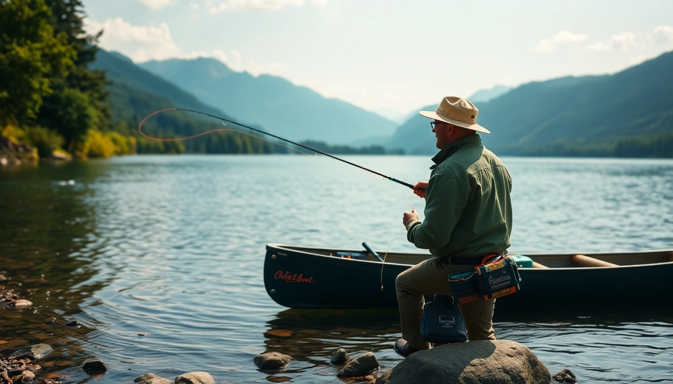 Fly fishing lessons near me display a peaceful scene of a fisherman casting a line along a beautiful riverbank.