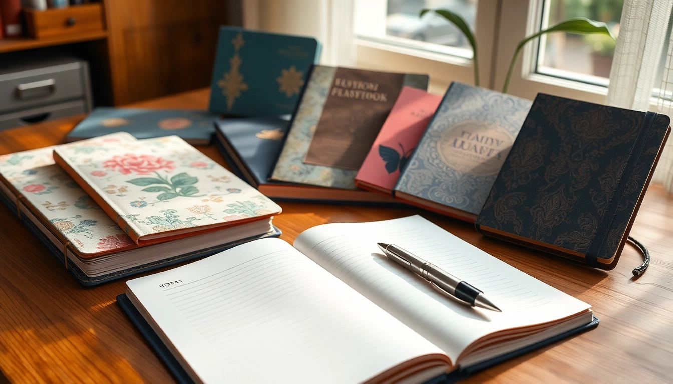 Showcasing diverse custom notebooks arranged on a desk, emphasizing unique designs and styles.