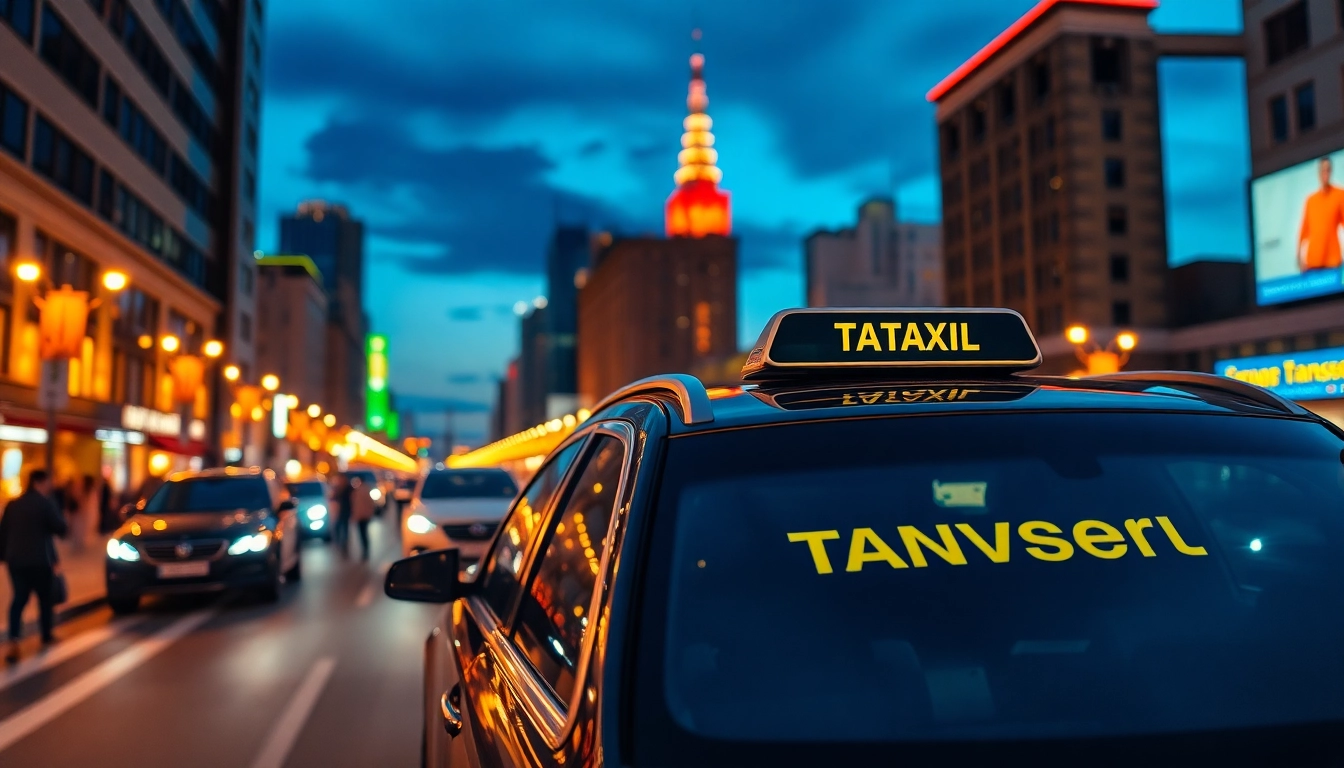 Airport transfers york featuring a modern taxi ready for passengers in a busy urban setting.