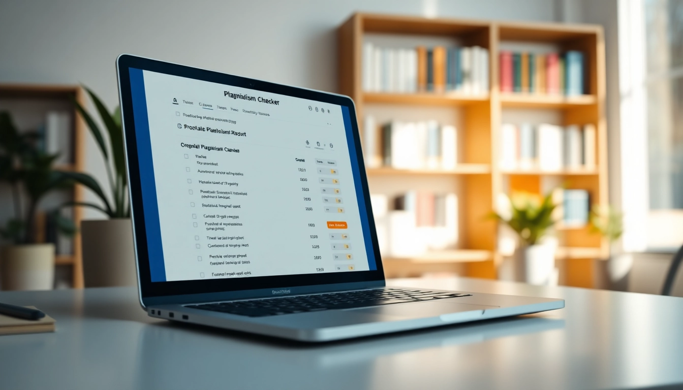 Visual representation of a plagiarism checker interface on a laptop, showcasing a detailed report.