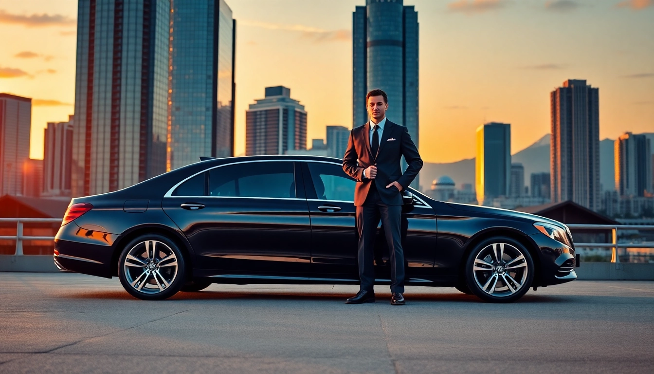 Vancouver car service featuring a luxury sedan and a professional chauffeur against the Vancouver skyline.