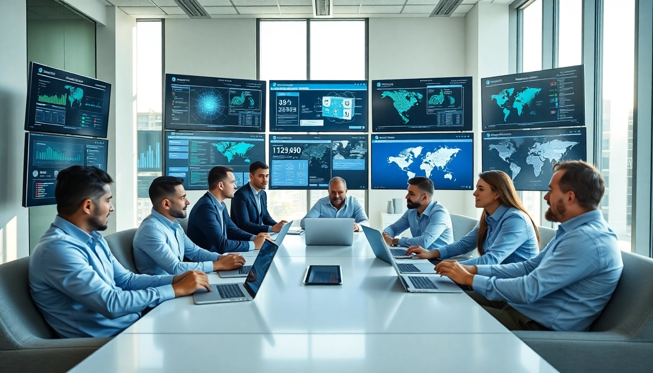 Cybersecurity experts collaborating in a modern office setting with high-tech displays.