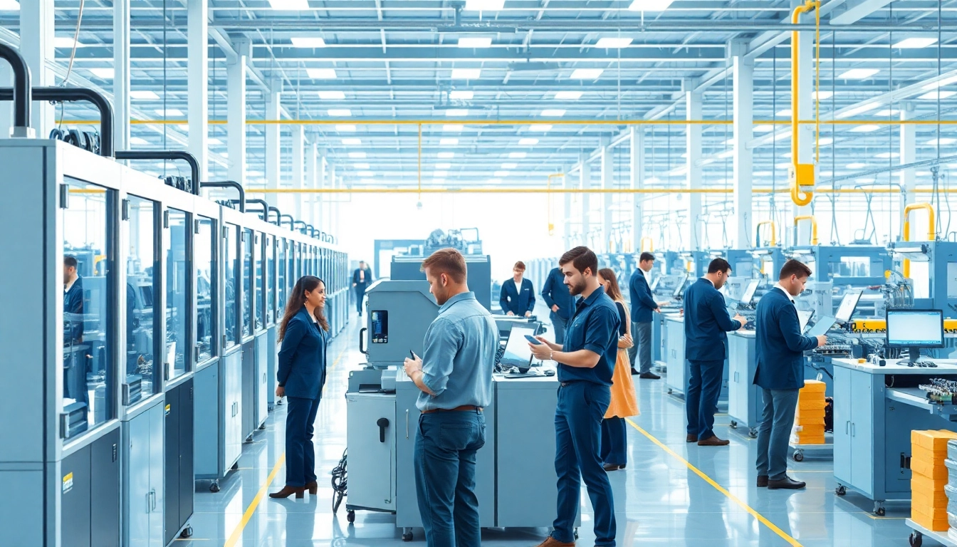 Manufacturers collaborating in a modern factory environment with advanced machinery.