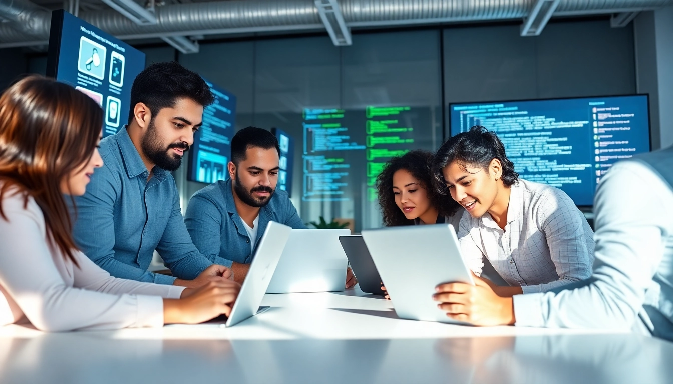 Sviluppo web app agenzia con un team di esperti che collabora in un ufficio moderno.