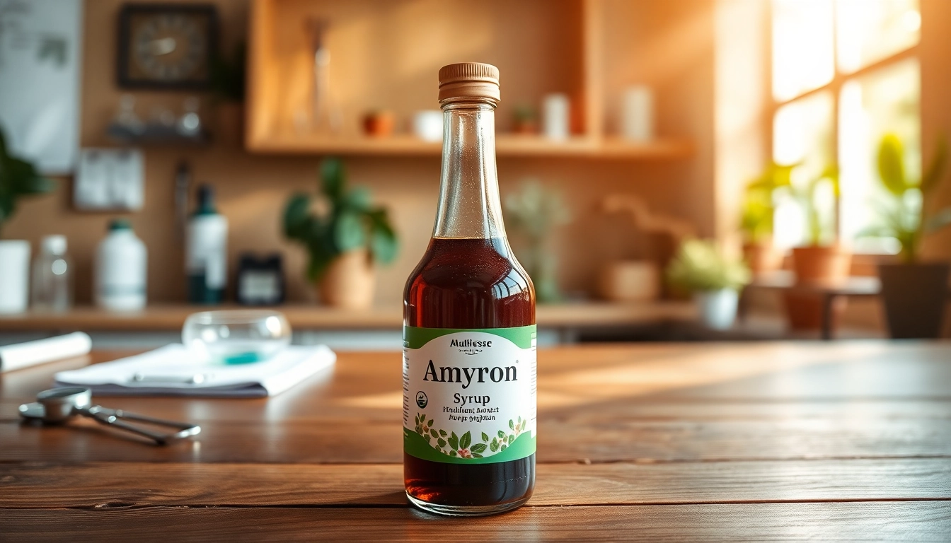 Amyron syrup uses in Hindi with a prominent bottle on a wooden table in a healthcare setting.