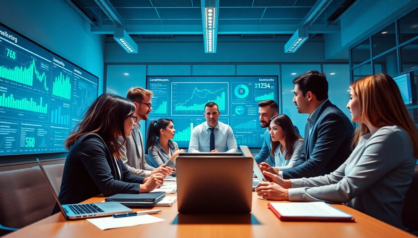 Analyze competitive intelligence insights with a dynamic office team collaborating on strategy.