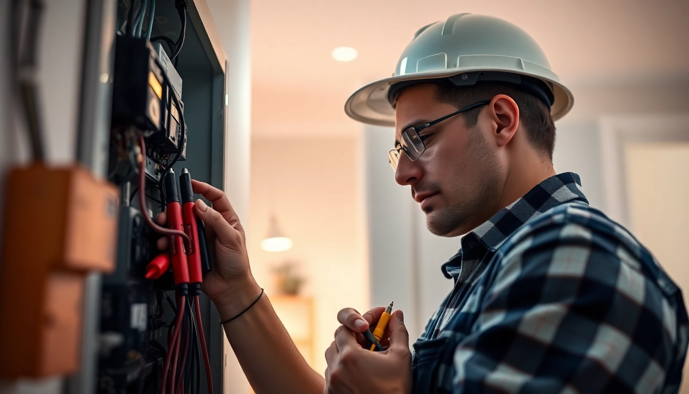Electrician providing Electrical Service in a residential home with tools and equipment.