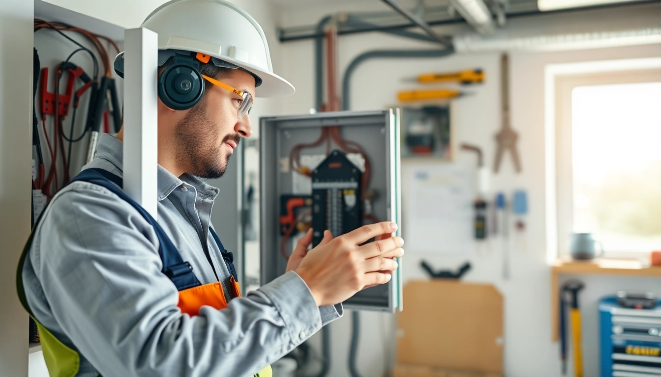 Electrician conducting an Electrical Panel Upgrade with safety gear in a modern workshop.
