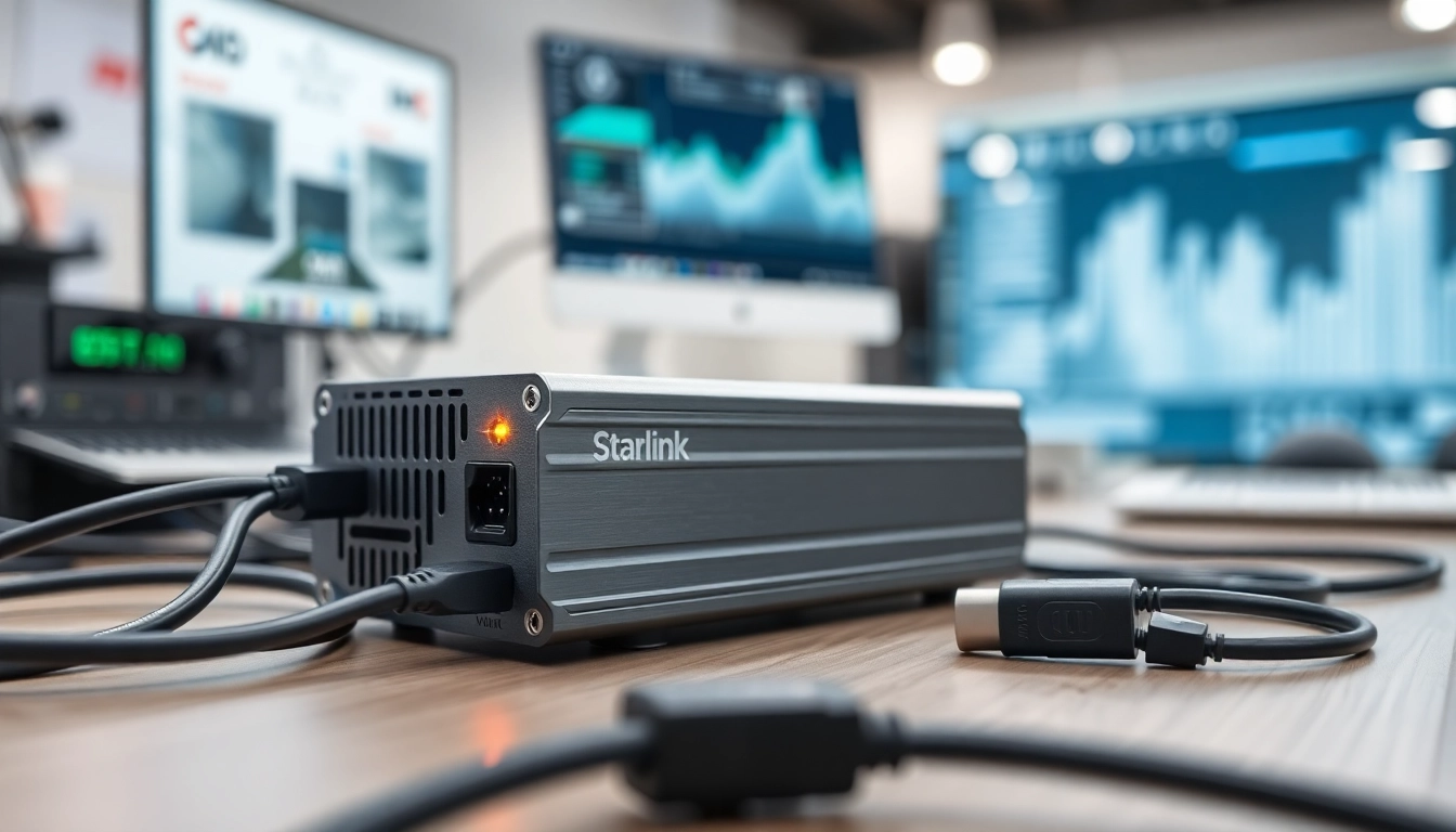 Showcase the starlink mini 12v power supply with its key features in a modern tech environment.