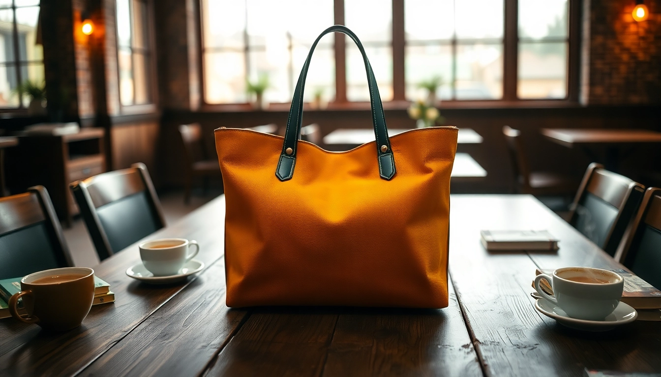 Engage with this tote bag showcasing its vibrant design and cozy café ambiance.