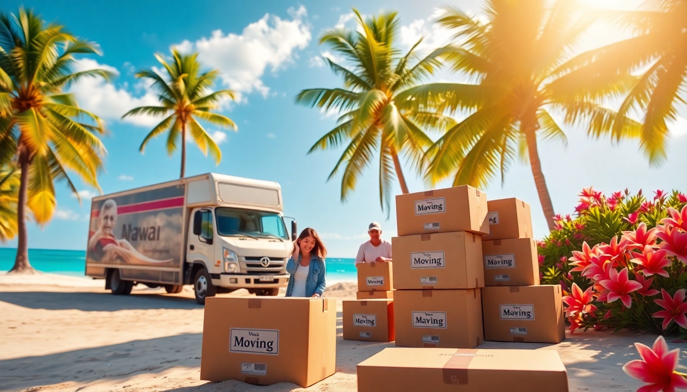 Family unpacking boxes labeled Moving from Alaska to Hawaii on a beautiful beach.