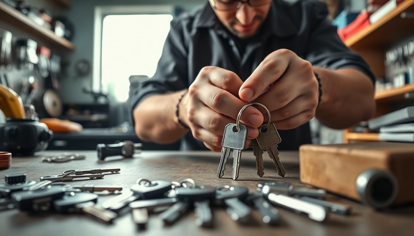 Locksmith expertly crafting van keys in a professional workshop setting.