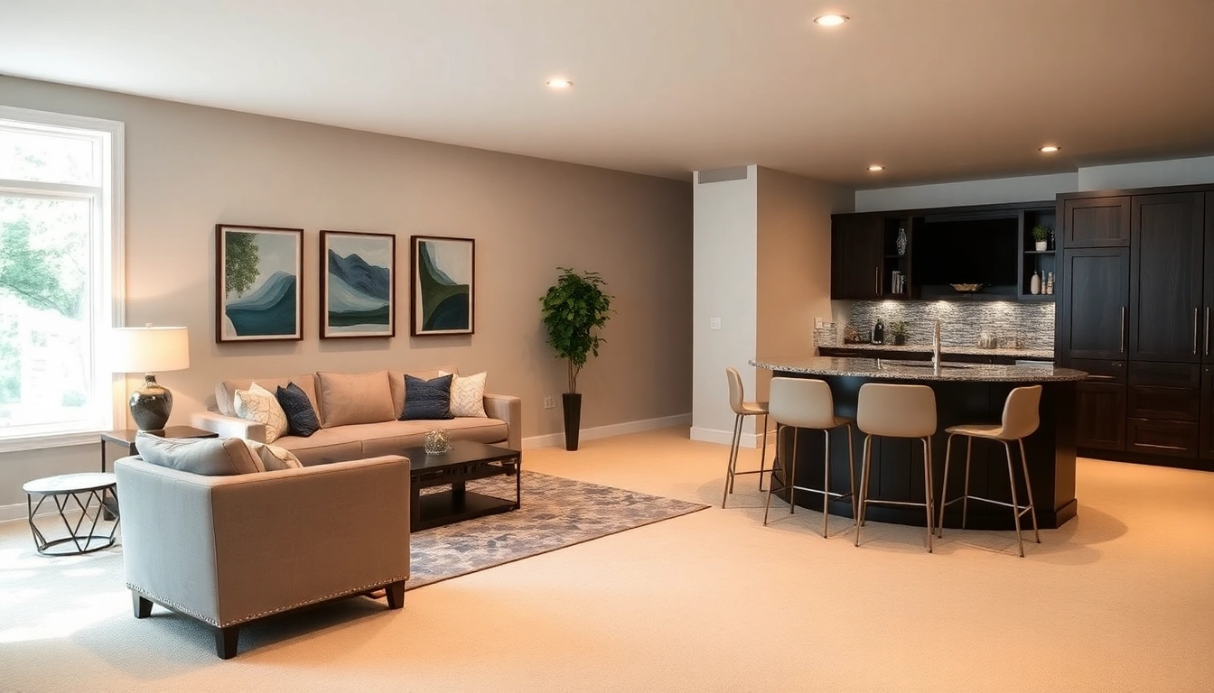 Basement finishing Bellevue TN showcasing a modern, inviting lounge area with a stylish bar.