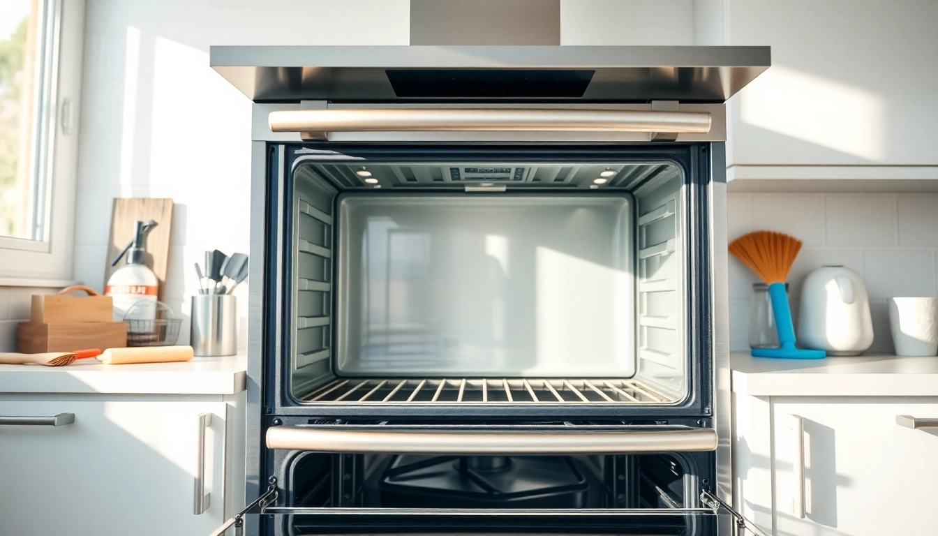 Efficient oven cleaning dubai service in a pristine kitchen, highlighting the spotless oven.